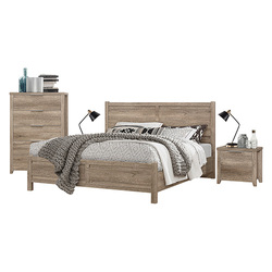 4 Pieces Bedroom Suite Natural Wood Like MDF Structure Queen Size Oak Colour Bed, Bedside Table & Tallboy