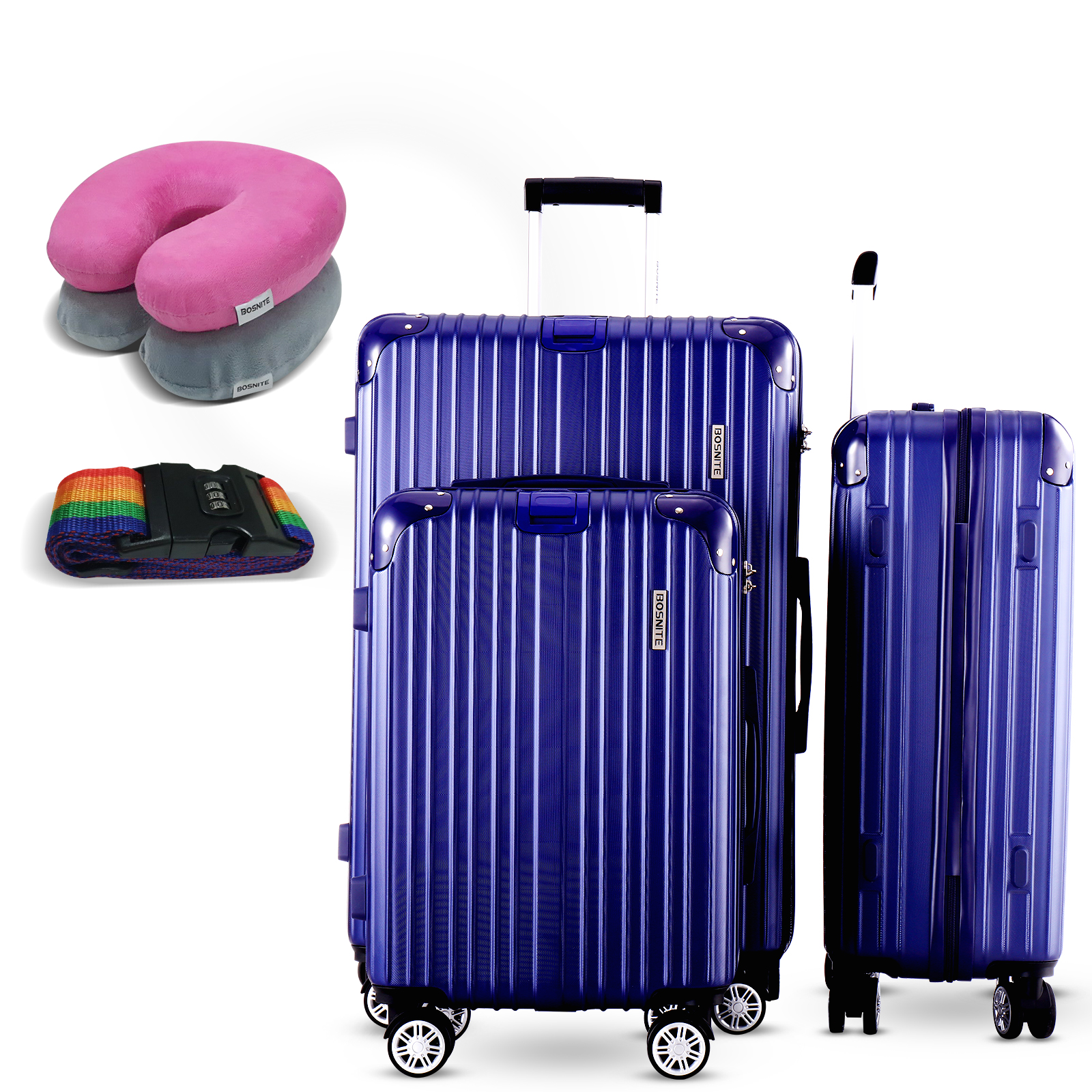 3 Piece Luggage Set - Blue Hard Case Carry on Travel Suitcases