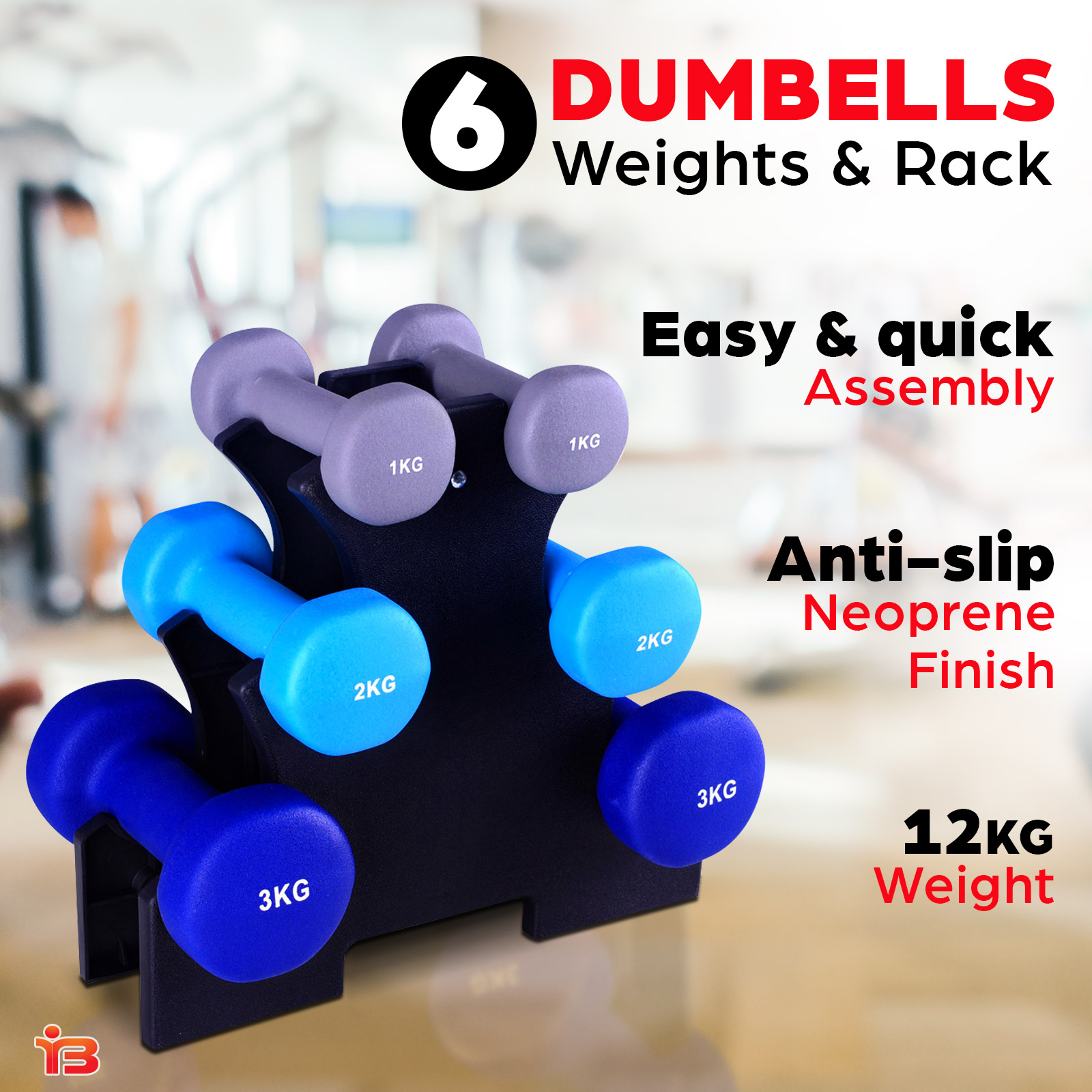 Everfit 6 Piece Fitness Dumbbell Workout Weights Set 12kg with Stand