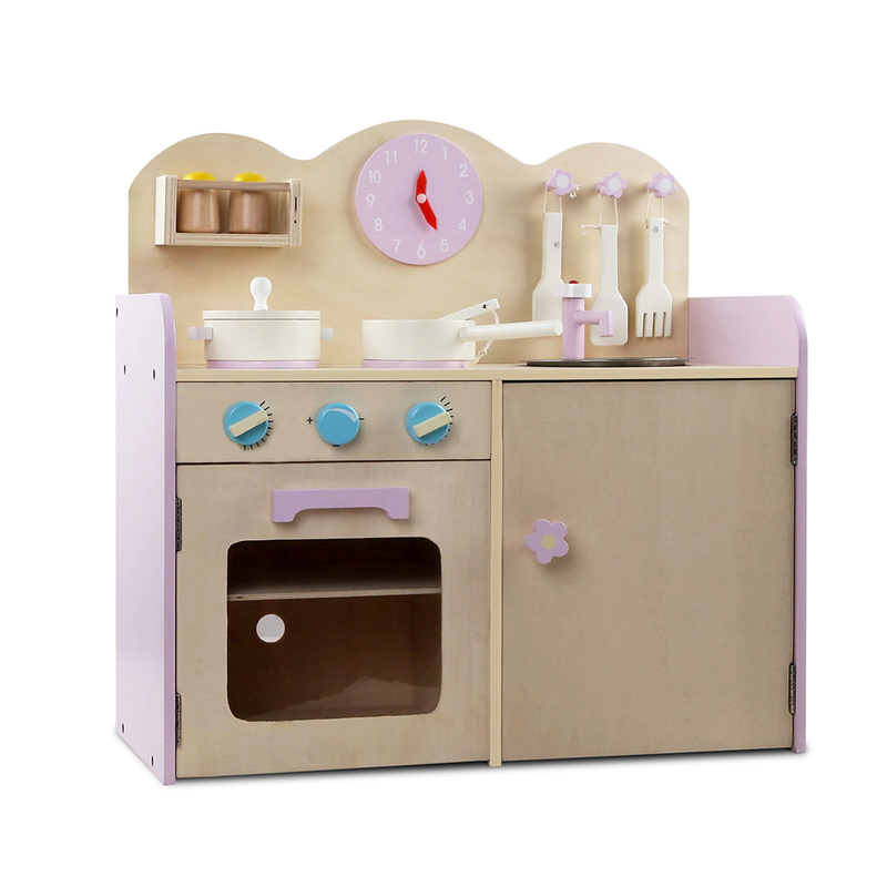 Keezi Kids Wooden Kitchen Play Set - Natural & Pink