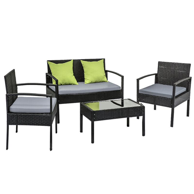 4 Seater Sofa Set Outdoor Furniture Lounge Setting Wicker Chairs Table Rattan Lounger Bistro Patio Garden Cushions Black