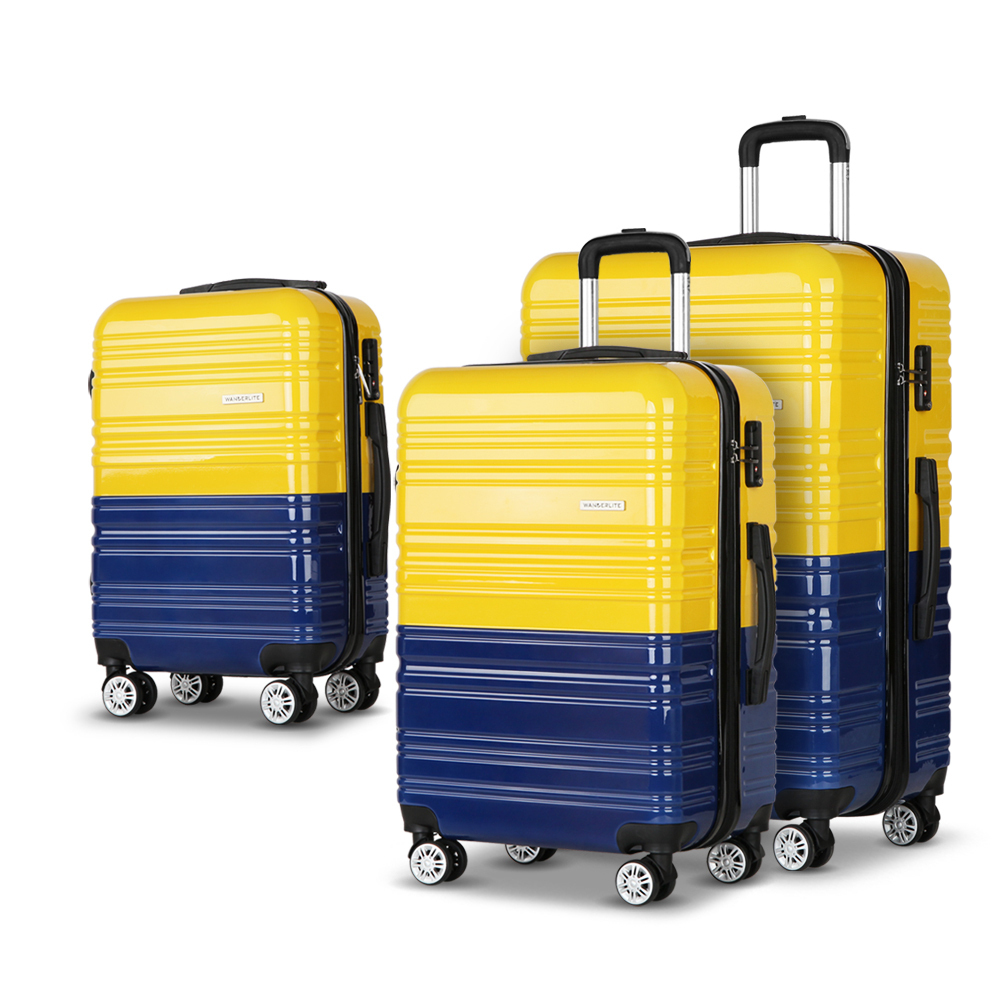 Wanderlite 3 Piece Lightweight Hard Suit Case Luggage Yellow and Navy