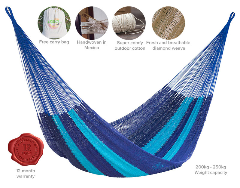 Mayan Legacy King Size Outdoor Cotton Mexican Hammock in Caribbean Blue Colour