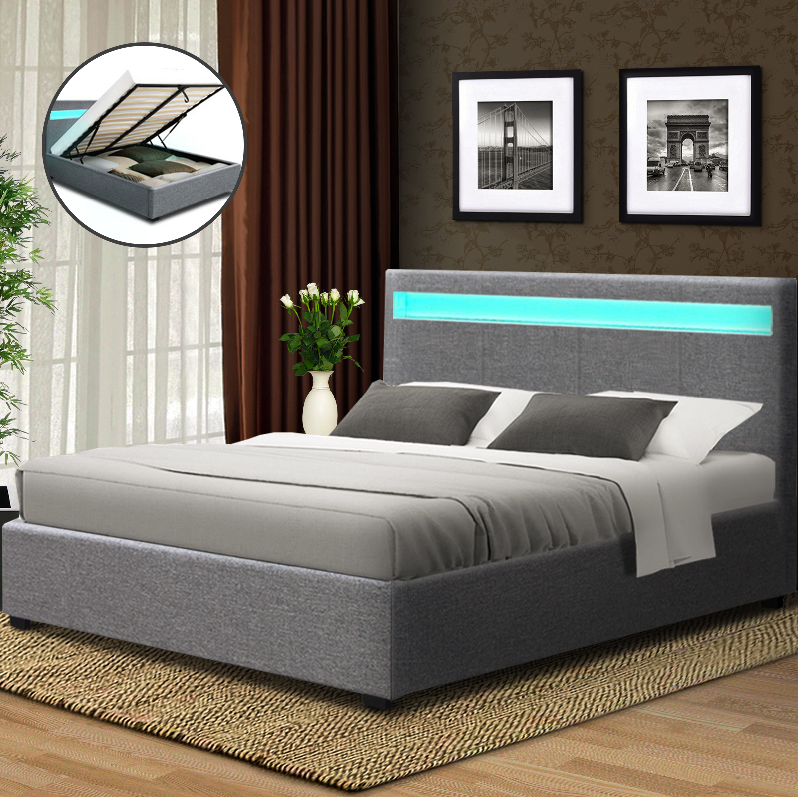 Artiss Bed Frame Double Size LED Gas Lift Grey COLE