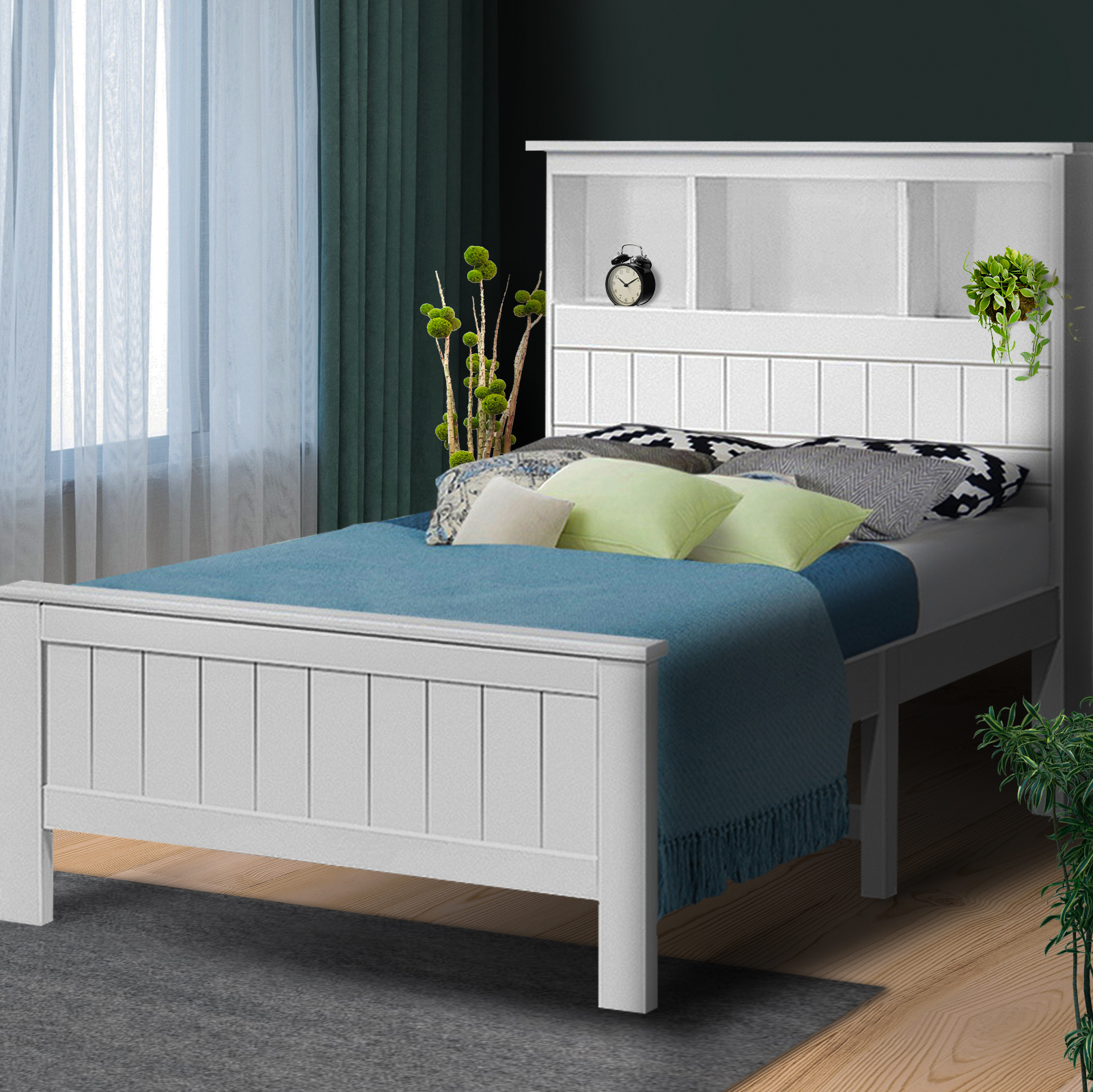 Artiss Bed Frame King Single Size Wooden with 3 Shelves Bed Head White
