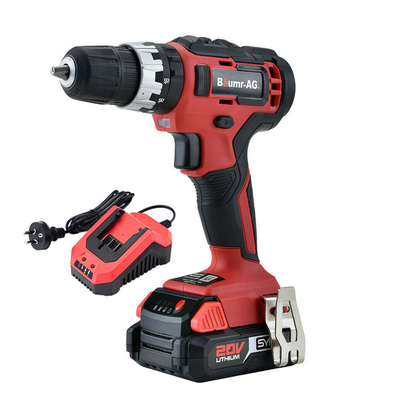 Compact red and black cordless drill with a 20V lithium battery and charger, ideal for home and professional drilling tasks.