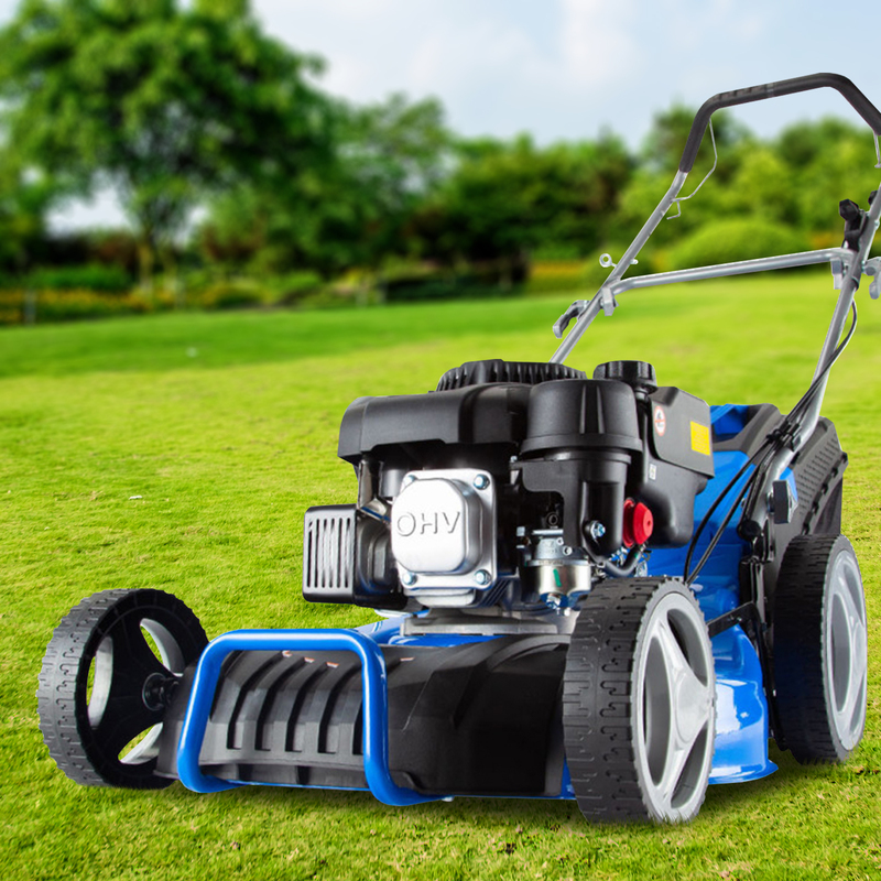 Modern lawn mower with a powerful OHV engine, blue housing, and large rear wheels, designed for efficient grass cutting in expansive gardens.