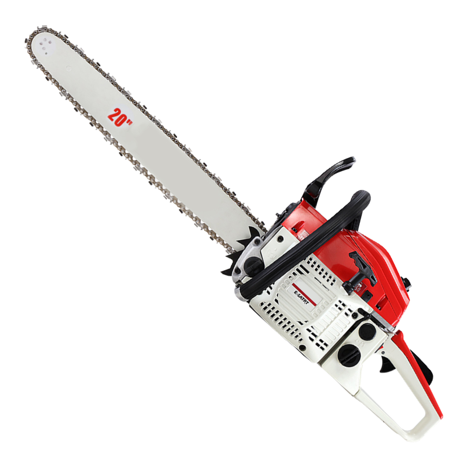 Powerful red and white chainsaw with a 20-inch blade, designed for efficient cutting and sawing tasks, suitable for both professional and home use.