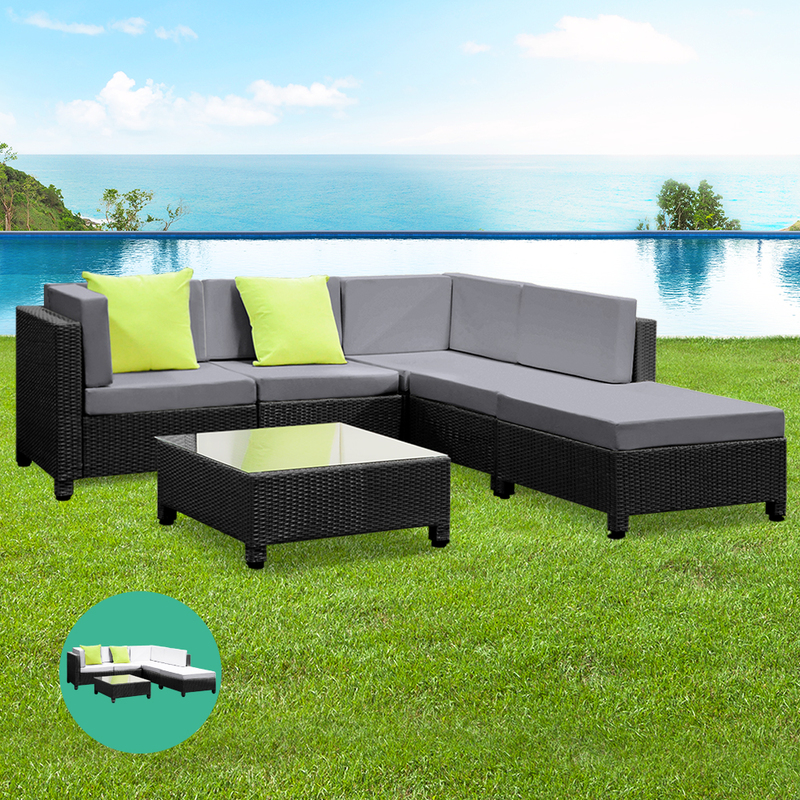 Gardeon 6pcs Outdoor Sofa Lounge Setting Couch Wicker Table Chairs Patio Furniture Black