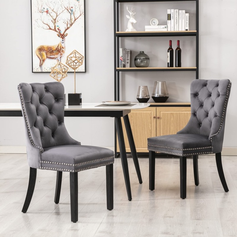4x Velvet Dining Chairs Upholstered Tufted Kithcen Chair with Solid Wood Legs Stud Trim and Ring-Gray