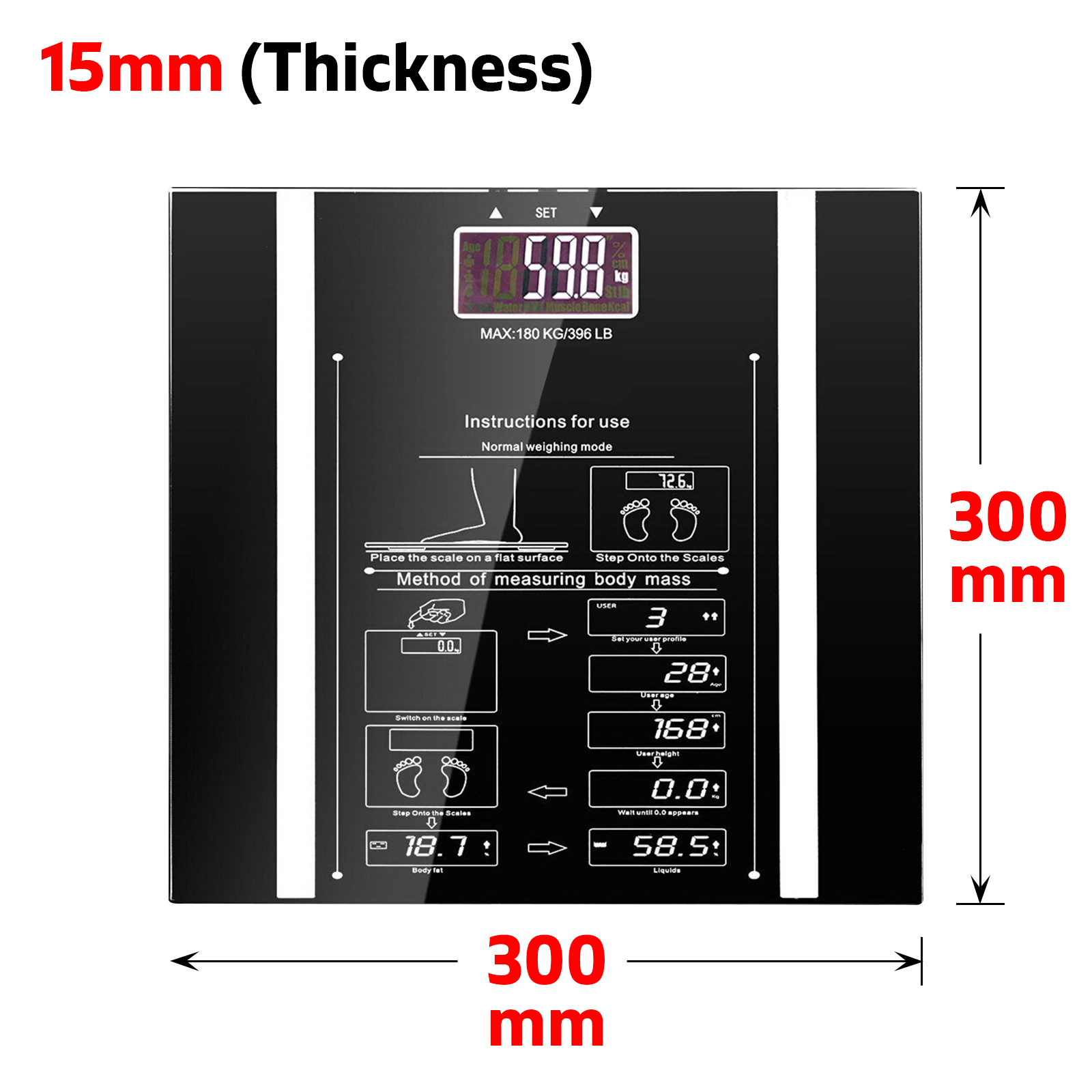 Electronic Digital Body Fat Bathroom Glass Weight Scale High Accuracy - Black