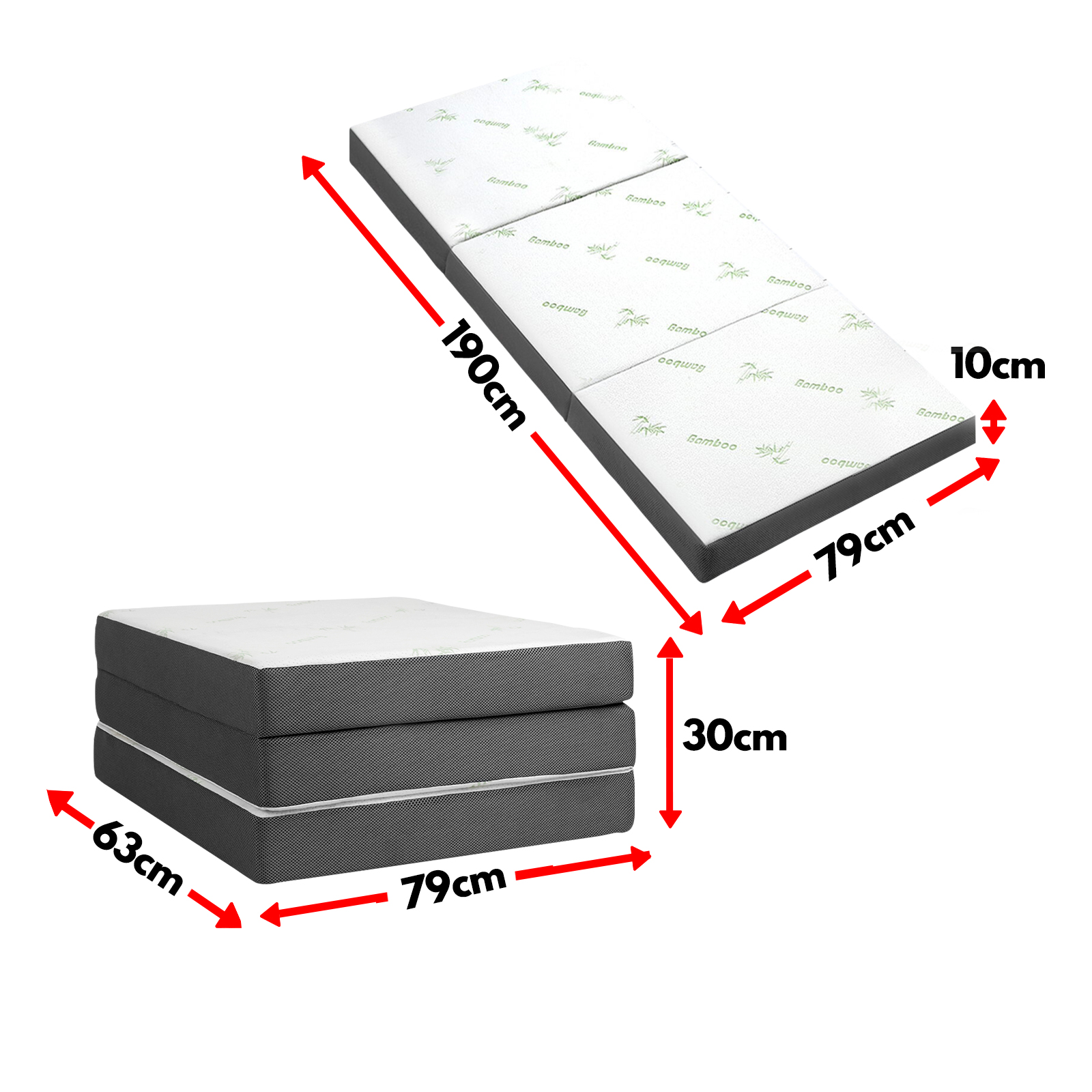  Folding Foam Portable Mattress Bed Bamboo Fabric Medium Firm - White & Grey