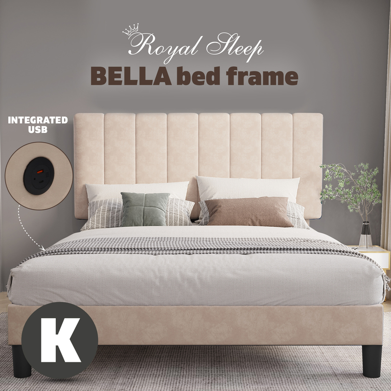 Royal Sleep Bed Frame Queen Bella Velvet Headboard Base Wooden USB Fabric Beige