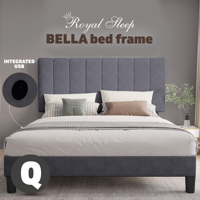 Royal Sleep Bed Frame Double Bella Velvet Headboard Wooden USB Fabric Charcoal