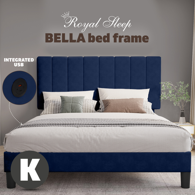 Royal Sleep Bed Frame Double Bella Velvet Headboard Base Wooden USB Fabric Navy