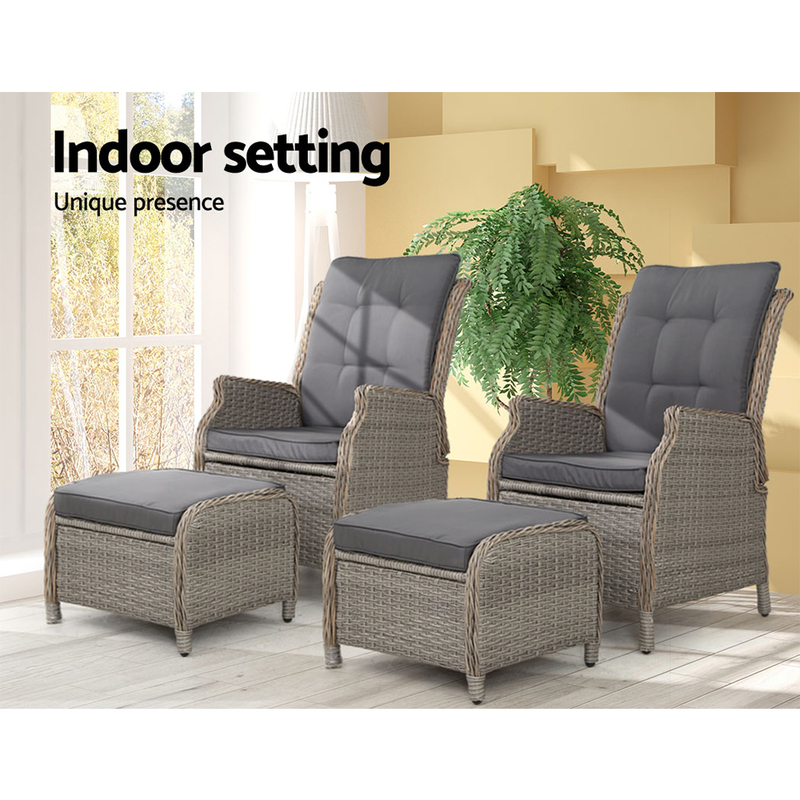 Gardeon 2PC Recliner Chair Sun lounge Wicker Lounger Outdoor Furniture Adjustable Grey