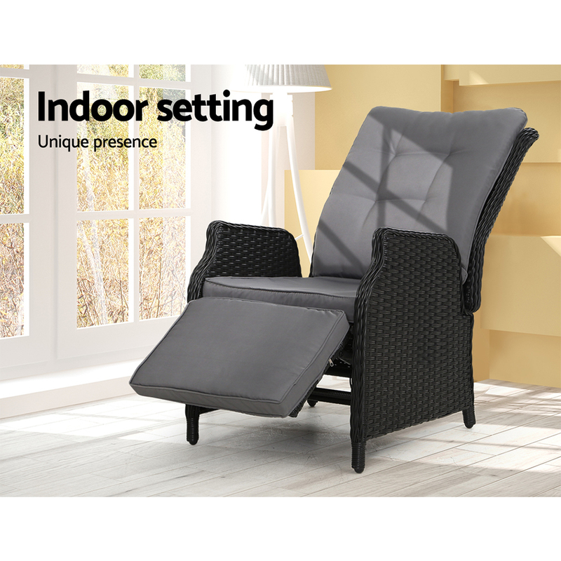 Gardeon Recliner Chairs Sun lounge Wicker Lounger Outdoor Furniture Patio Adjustable Black