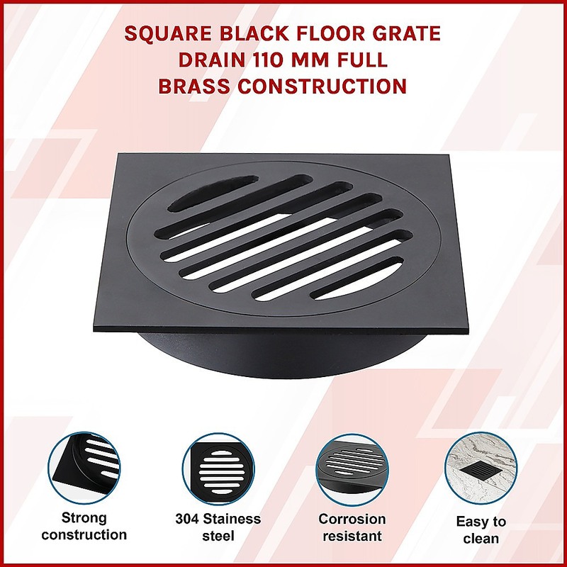 Square Black Floor Grate Drain 110 mm Full Brass Construction