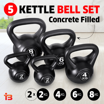 Kettle Bell Set of 5 Weights 2kg 4kg 6kg 8kg Everfit Black Home Gym Workout