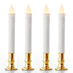 10 Pack Taper Stick White Battery Candle - Natural Flame Light Colour No Flicker - Gold Stand Base