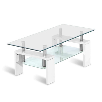 Artiss 2 Tier Coffee Table Tempered Glass Stainless Steel White