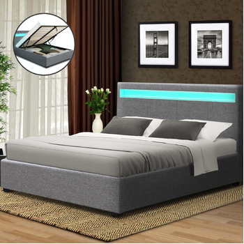 Artiss Cole LED Bed Frame Fabric Gas Lift Storage - Grey Double