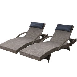 Gardeon 2x Sun Lounge Wicker Lounger Outdoor Furniture Beach Armchair Adjustable Grey&Beige