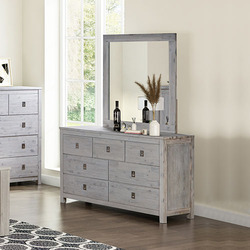 Dresser with 7 Storage Drawers in Solid Acacia & Veneer With Mirror in Could White Ash Colour
