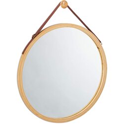 Hanging Round Wall Mirror 45 cm - Solid Bamboo Frame and Adjustable Leather Strap for Bathroom and Bedroom