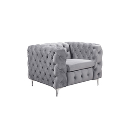 Single Seater Grey Sofa Classic Armchair Button Tufted in Velvet Fabric with Metal Legs