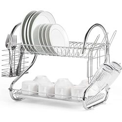 CARLA HOME 2 Tier Dish Rack with Drain Board for Kitchen Counter and Plated Chrome Dish Dryer Silver 42 x 25,5 x 38 cm