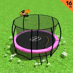 Kahuna 16ft Outdoor Trampoline Kids Children With Safety Enclosure Pad Mat Ladder Basketball Hoop Set - Pink