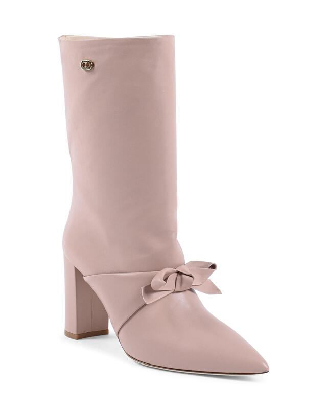 Pointed Toe Bow Short Boot with Gold Logo Detail - 38 EU