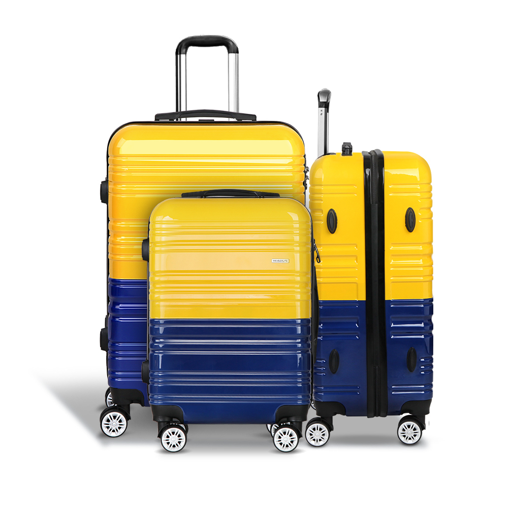 Wanderlite 3 Piece Lightweight Hard Suit Case Luggage Yellow and Navy