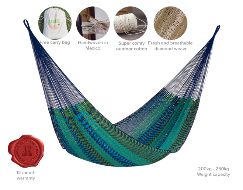 Queen Size Outoor Cotton Mayan Legacy Mexican Hammock in Caribe