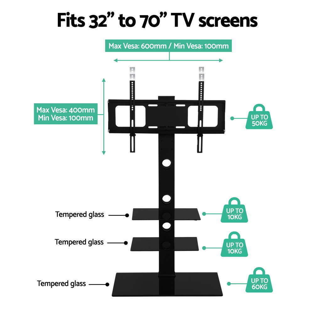 Artiss Floor TV Stand Bracket Mount Swivel Height Adjustable 32 to 70 Inch Black