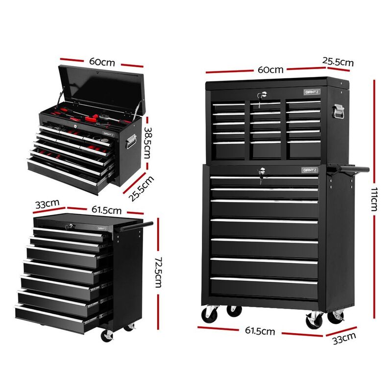 Giantz 16 Drawer Tool Box Cabinet Chest Trolley Toolbox Garage Storage Black