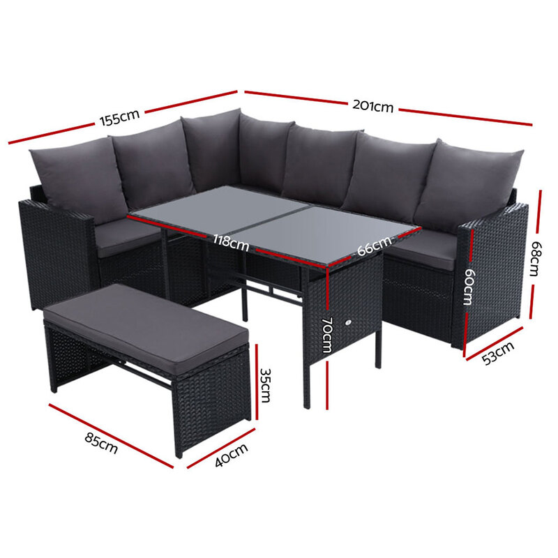 Gardeon Outdoor Furniture Dining Setting Sofa Set Lounge Wicker 8 Seater Black