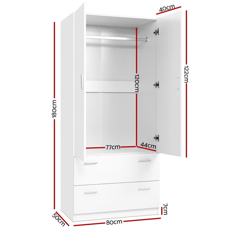 Artiss 2 Doors Wardrobe Bedroom Closet Storage Cabinet Organiser Armoire 180cm White