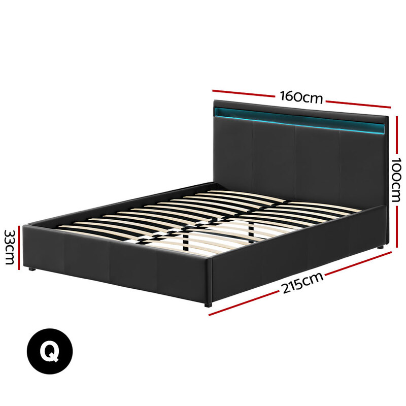 Artiss Bed Frame Queen Size LED Gas Lift Black COLE