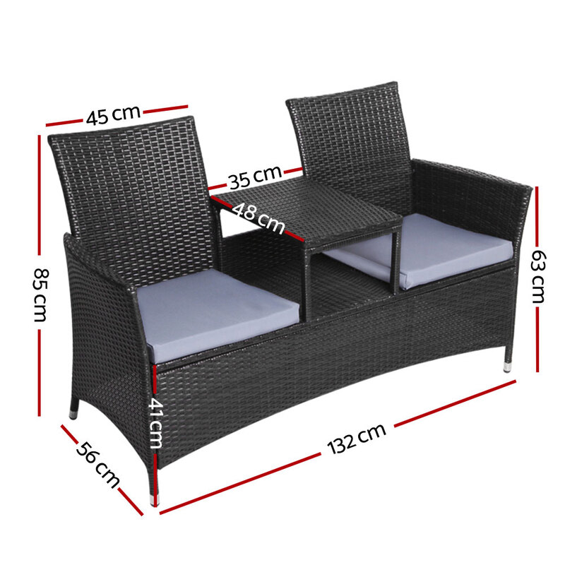 Gardeon 2 Seater Outdoor Wicker Bench - Black