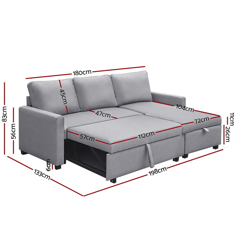 Artiss 3 Seater Fabric Sofa Bed with Storage  - Grey