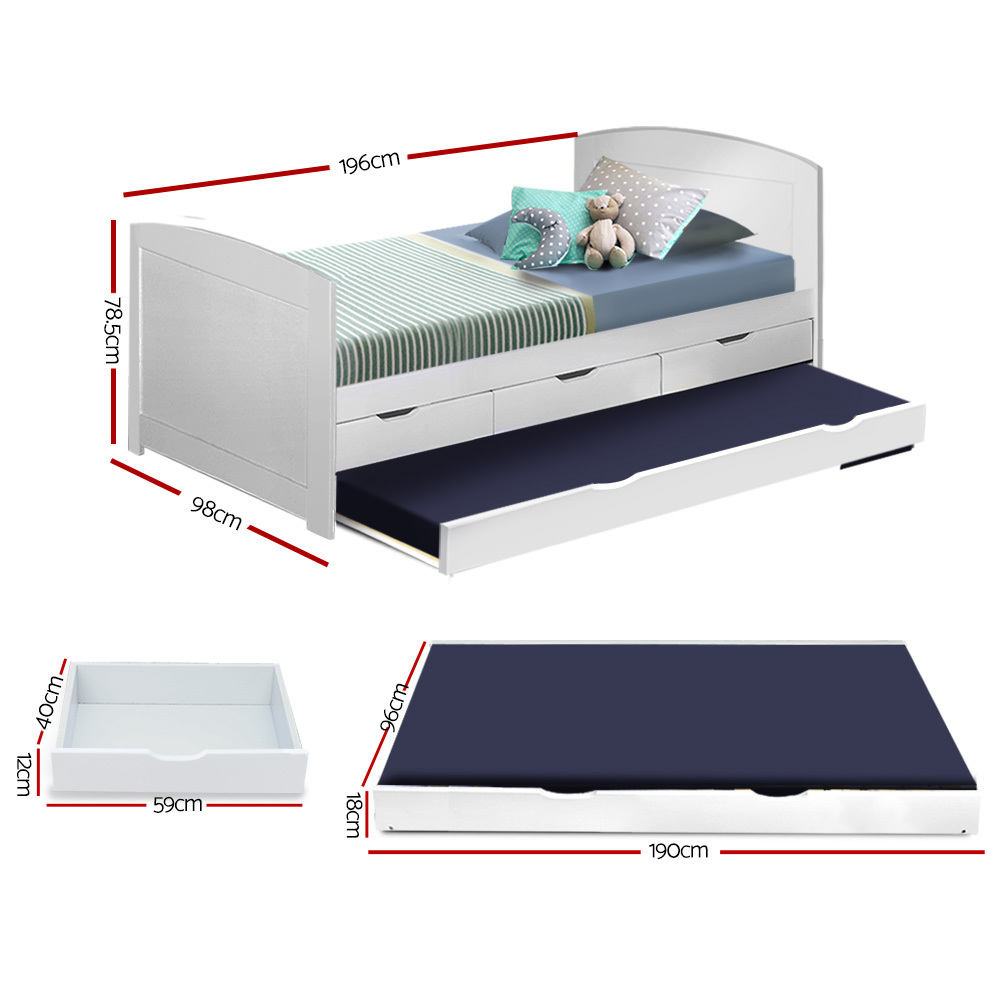 Artiss Single Wooden Trundle Bed Frame Timber Kids Adults