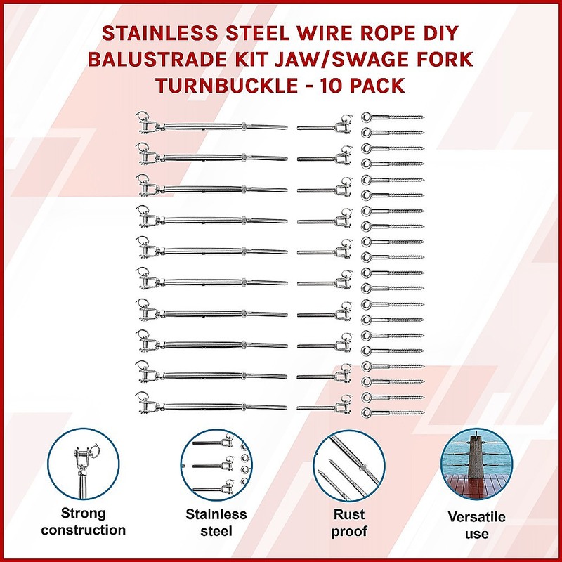 Stainless Steel Wire Rope DIY Balustrade Kit Jaw/Swage Fork Turnbuckle - 10 pack