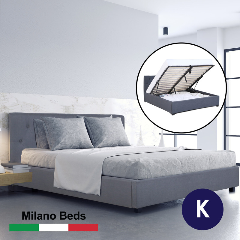 Milano Capri Luxury Gas Lift Bed Frame Base And Headboard With Storage - King - Grey