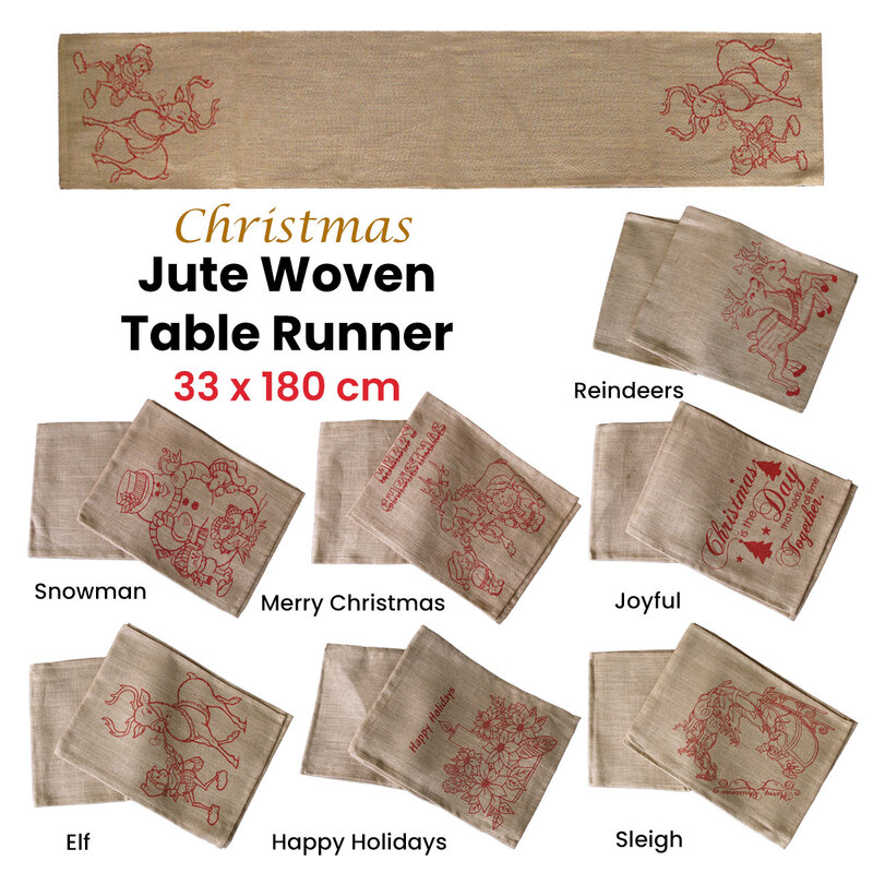 Christmas Jute Woven Taupe Table Runner 33 x 180cm Merry Christmas