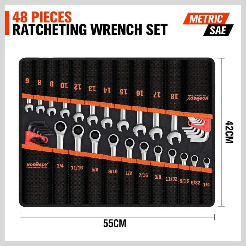 48-Piece Ratchet Wrench Set with Rolling Pouch - Metric SAE Allen Key & Hex Key Spanner Kit