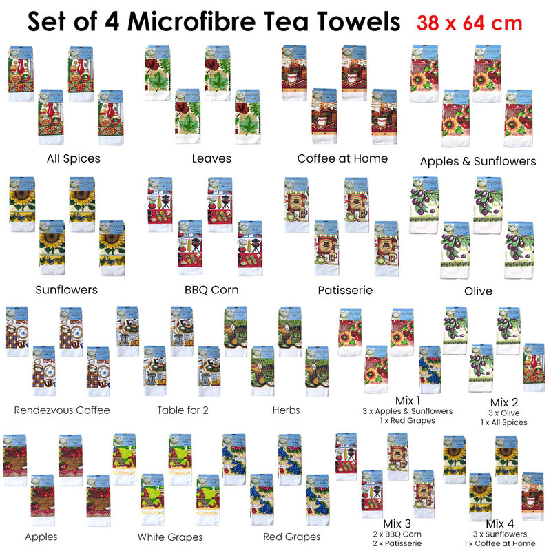 Set of 4 Microfibre Printed Tea Towels BBQ Corn