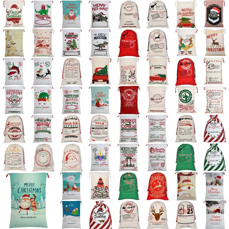 50x70cm Canvas Hessian Christmas Santa Sack Xmas Stocking Reindeer Kids Gift Bag, Cream - North Pole Express (C)