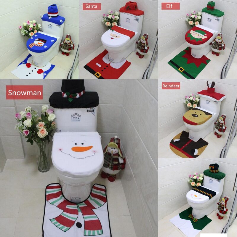 4pcs Christmas Toilet Seat Cover Rug Bathroom Set Santa Snowman Xmas Home Décor, Reindeer